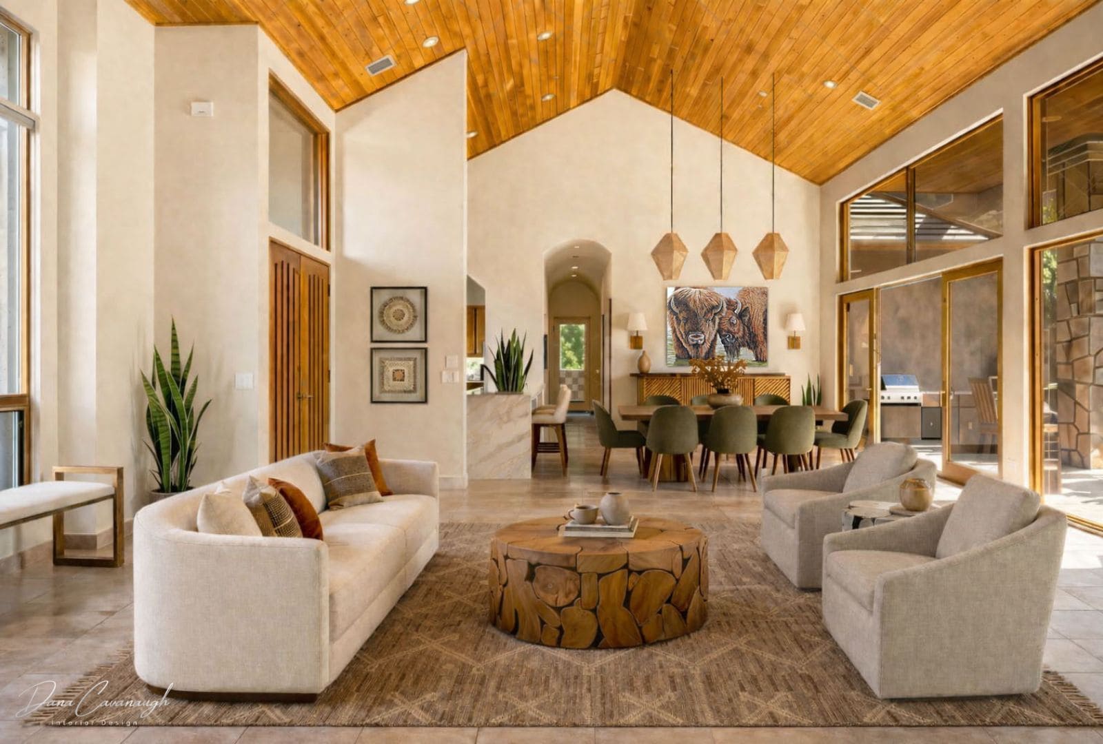 Virtual Services 2 A virtual staging of a modern living area featuring a vaulted wood ceiling and biophilic design elements, curated by Sedona Interior Designer Dana Cavanaugh.