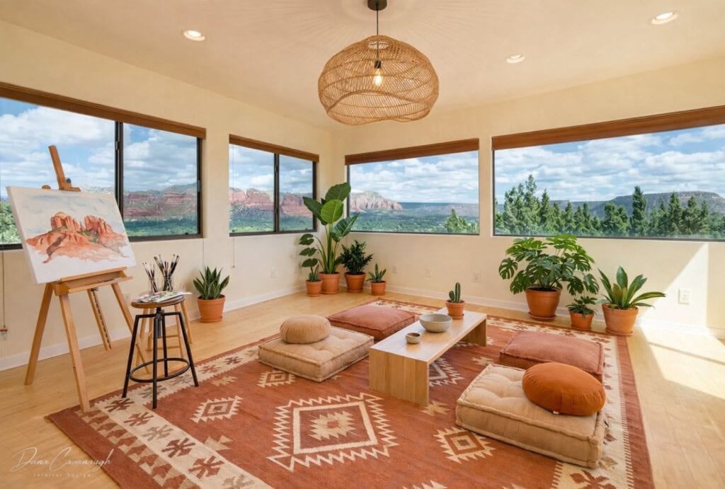 Virtual Staging 4 A virtual staging project for a meditation room with red rock views, demonstrating biophilic design by Sedona Interior Designer Dana Cavanaugh.