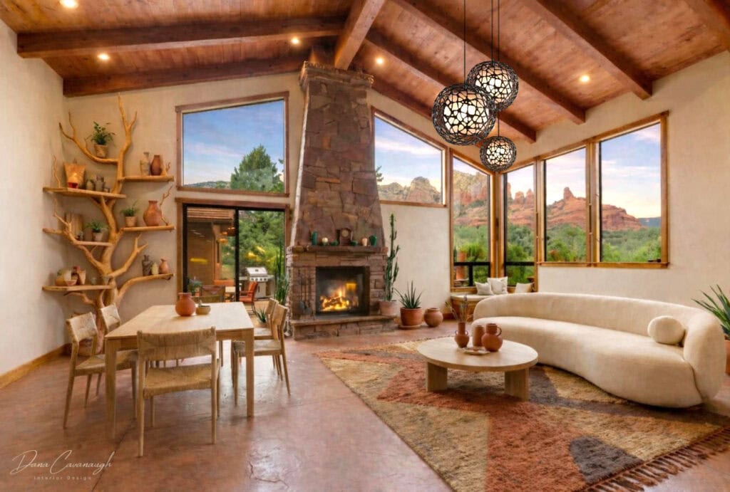 Virtual Staging 6 A virtual staging project by Sedona Interior Designer Dana Cavanaugh, featuring a warm living area with a stone fireplace, vaulted wood ceilings, and biophilic design elements.