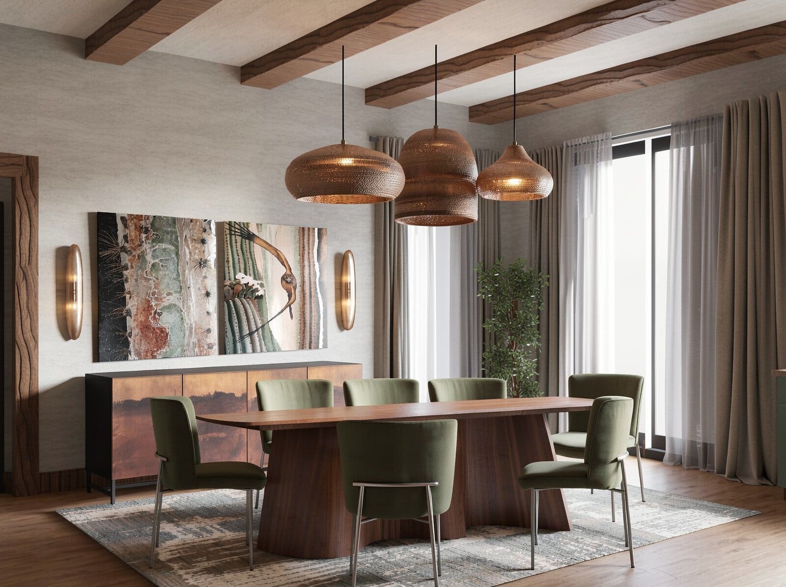 A modern dining room featuring a wood table, sage green chairs, and woven pendant lights, designed by Sedona Interior Designer Dana Cavanaugh to highlight biophilic design and the Sedona Style.