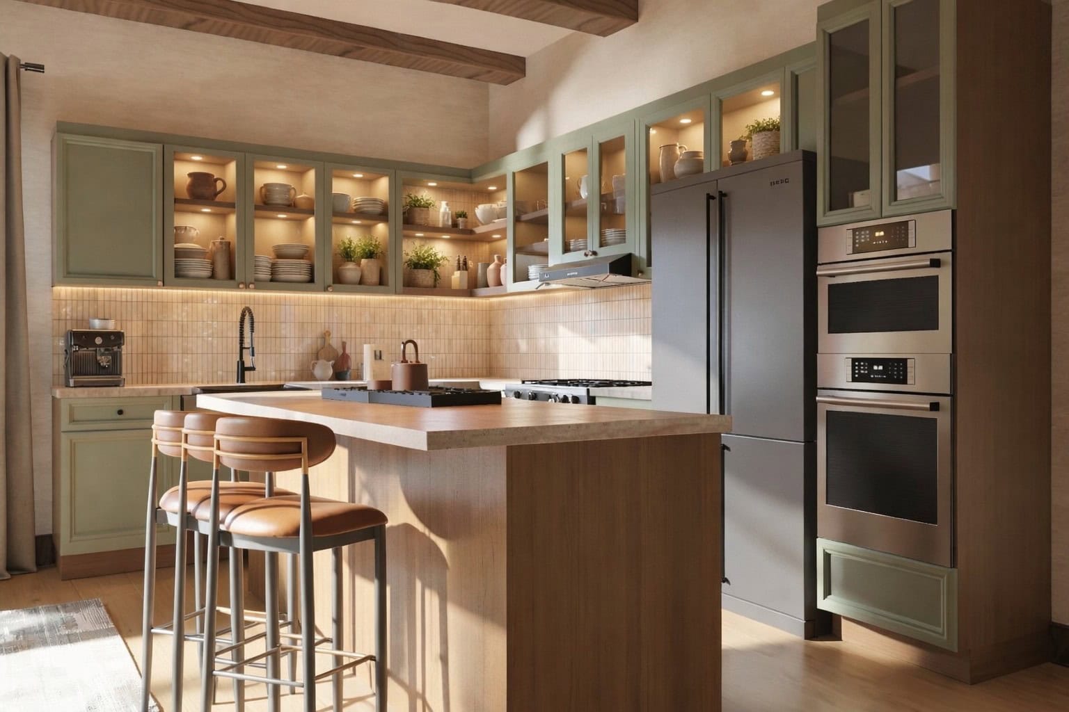 A modern kitchen featuring sage green cabinetry, under-cabinet lighting, and a wood island with leather stools, designed by Sedona Interior Designer Dana Cavanaugh to showcase biophilic design.