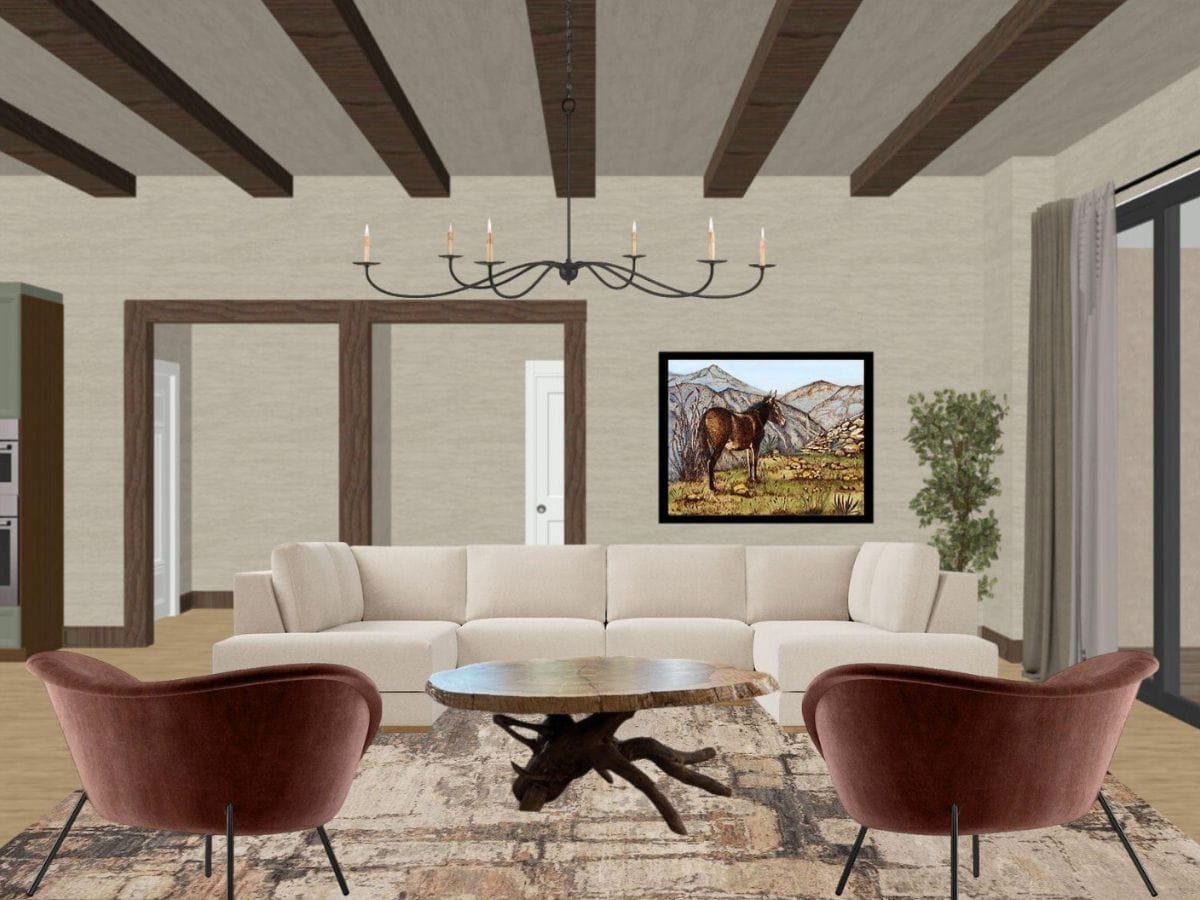 A virtual living room render featuring a driftwood coffee table, neutral sectional, and exposed wood beams, designed by Sedona Interior Designer Dana Cavanaugh to showcase biophilic design.